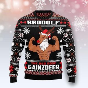 Gym Lover Brodolf The Red Nose Gainzdeer Christmas Sweater AOP Sweater Black S
