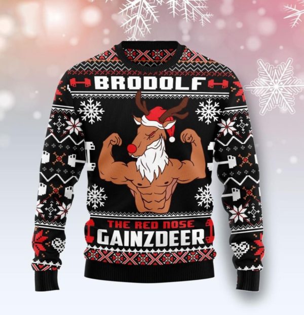 Gym Lover Brodolf The Red Nose Gainzdeer Christmas Sweater AOP Sweater Black S