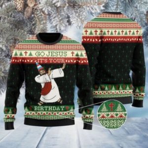 Jesus Dabbing Go Jesus It’s your Birthday Christmas Sweater AOP Sweater Black S