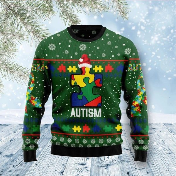 Jigsaw Piece Autism Santa Hat Christmas Sweater AOP Sweater Green S