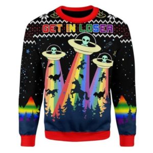 Lgbt Alien Get In Loser Flying Saucer Dinosaur Christmas Sweater AOP Sweater Black S