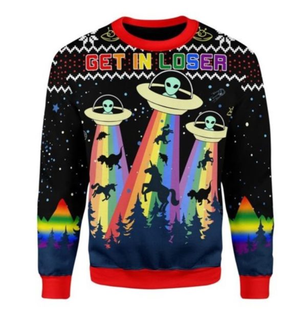 Lgbt Alien Get In Loser Flying Saucer Dinosaur Christmas Sweater AOP Sweater Black S