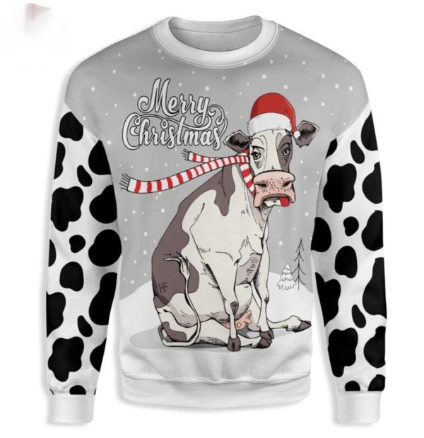 Mama Cow Santa Merry Christmas Cow Farmer Christmas Sweater AOP Sweater White S