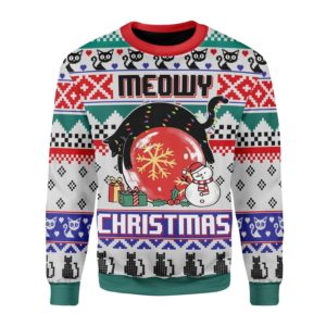 Meowy Christmas Funny Black Cat Snowman And Ball Christmas 3D Sweater AOP Sweater Red S