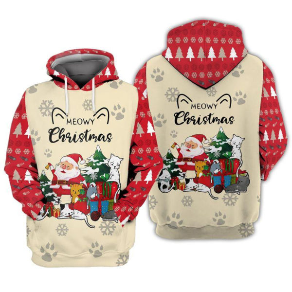 Meowy Christmas Santa And Funny Cats Christmas All Over Print 3D Shirt 3D Hoodie Red S