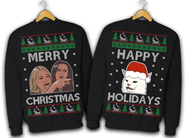 Merry Christmas Lady Yelling At Cat Happy Holidays Ugly Cat Christmas Couple Sweatshirt Happy Holidays Ugly Cat Black S