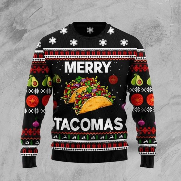 Merry Tacomas Taco Lover Christmas Sweater AOP Sweater Black S