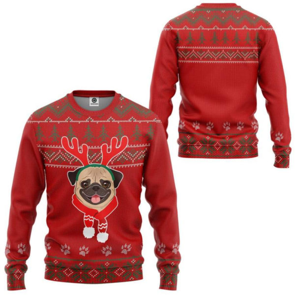 Pug Dog Reindeer Ugly Christmas 3D Sweater product photo 2