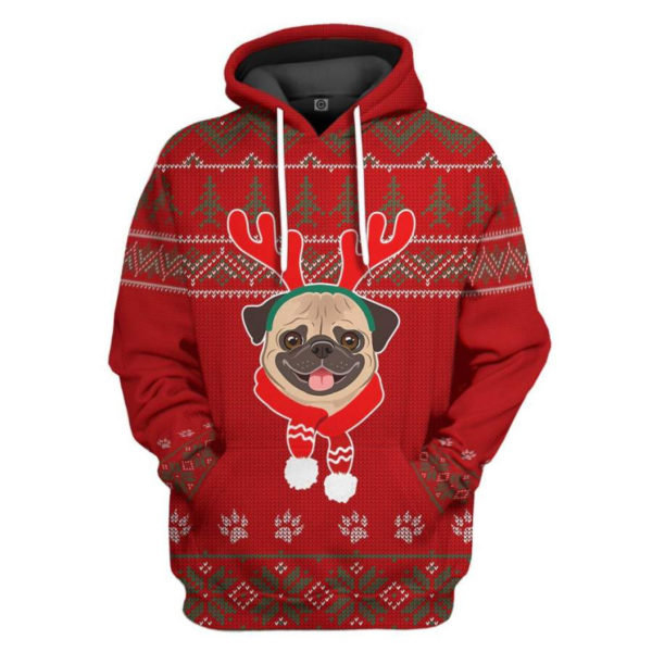 Pug Dog Reindeer Ugly Christmas 3D T-Shirt Hoodie 3D Hoodie Red S