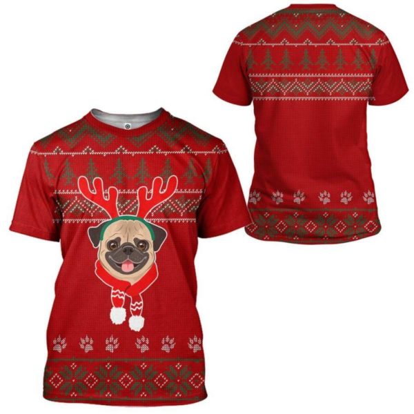 Pug Dog Reindeer Ugly Christmas 3D T-Shirt Hoodie 3D T-Shirt Red S