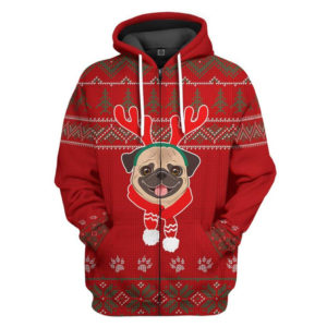 Pug Dog Reindeer Ugly Christmas 3D T-Shirt Hoodie 3D Zip Hoodie Red S