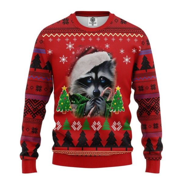Raccoon And Candy Ugly Christmas 3D Sweater AOP Sweater Red S