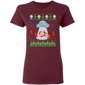Santa And Reindeer Alien Invasion Christmas Shirt Ladies T-Shirt Maroon S