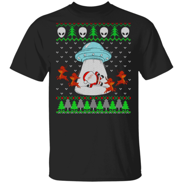 Santa And Reindeer Alien Invasion Christmas Shirt Unisex T-Shirt Black S