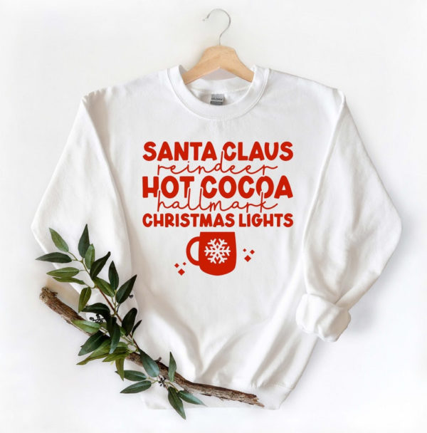 Santa Claus Reindeer Hot Cocoa Christmas Lights Christmas Sweatshirt Sweatshirt White S