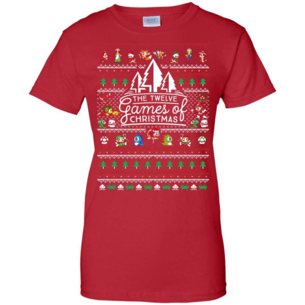 The Twelve Games of Christmas Gamer Game Lover Christmas Shirt Ladies T-Shirt Red S