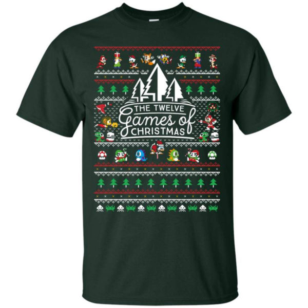 The Twelve Games of Christmas Gamer Game Lover Christmas Shirt Unisex T-Shirt Forest Green S