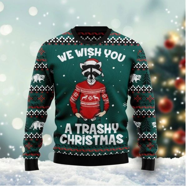 We Wish You A Trashy Christmas Funny Raccoon Santa Christmas Sweater AOP Sweater Red S