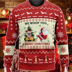 We Woof You A Merry Christmas Funny Santa And Bulldog Christmas Sweater AOP Sweater Red S