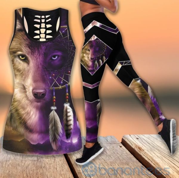 Awesome Native Wolf Purple Tank Top Legging Set Outfit Product Photo
