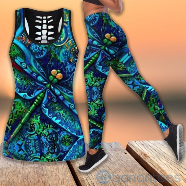 Beautiful Blue Dragonfly Tank Top Legging Set Outfit Product Photo
