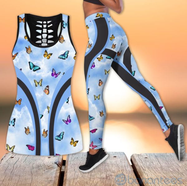 Beautiful Monarch Blue Sky Yoga Hollow Tank And Legging Outfit Product Photo