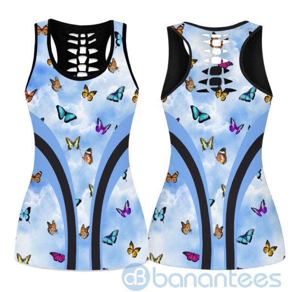 Beautiful Monarch Blue Sky Yoga Hollow Tank And Legging Outfit Product Photo