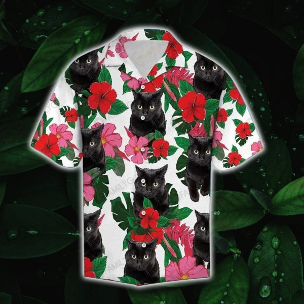 Black Cat Shirt Black Cat Hibiscus Hawaiian Shirt Summer Hawaiian Product Photo