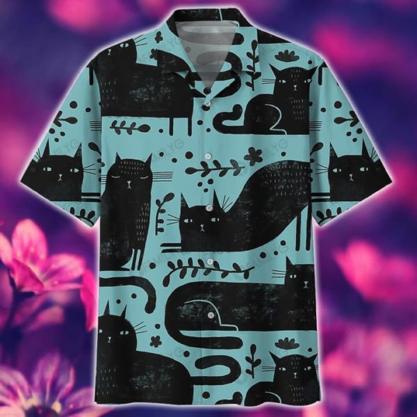 Black Cat Shirt Cute Black Cat Hawaiian Shirt Summer Hawaiian Product Photo