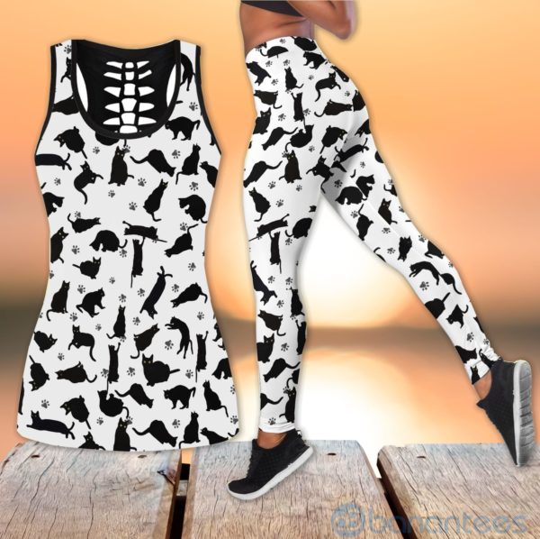 Black Cats Pattern Hollow Tank And Legging Outfit Product Photo