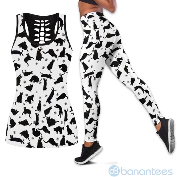 Black Cats Pattern Hollow Tank And Legging Outfit Product Photo
