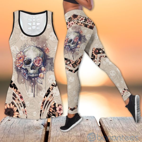 Blooming Floral Skull Yoga Hollow Tank And Legging Outfit Product Photo