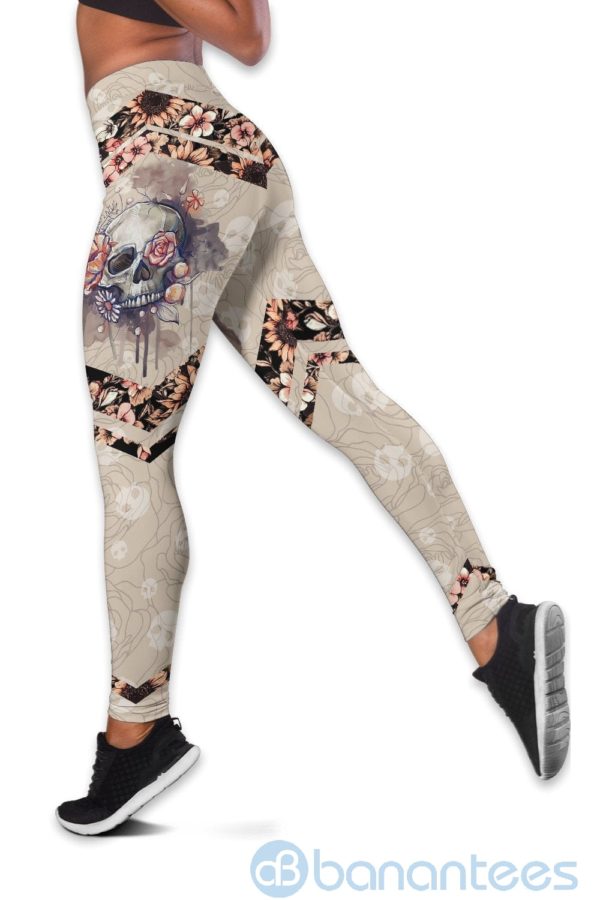 Blooming Floral Skull Yoga Hollow Tank And Legging Outfit Product Photo