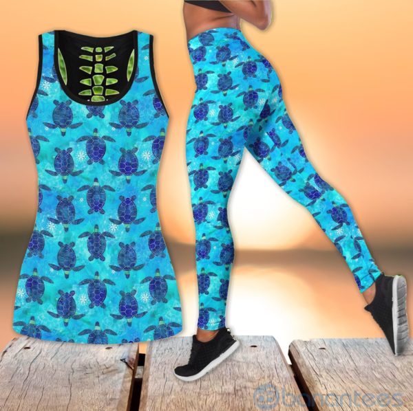 Blue Sea Turtles Hollow Tank And Legging Outfit Product Photo