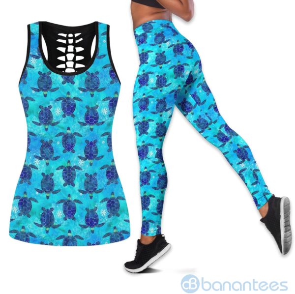 Blue Sea Turtles Hollow Tank And Legging Outfit Product Photo