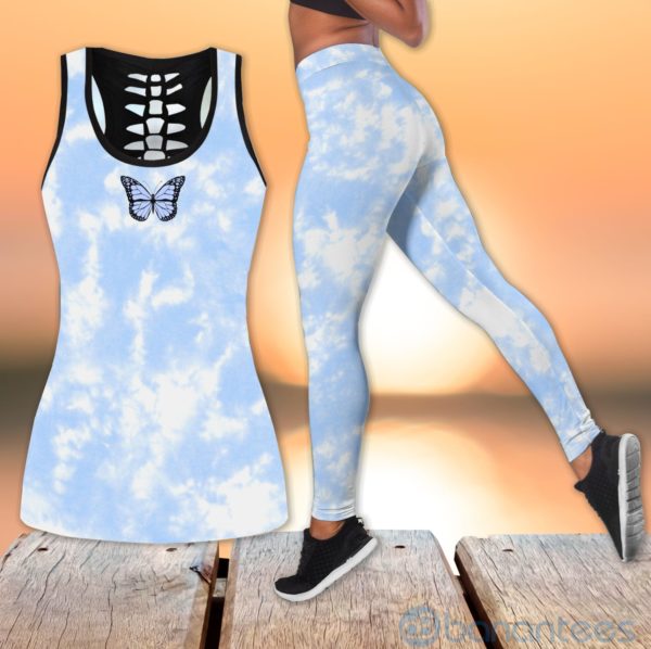 Butterfly Tie Dye Light Blue Hollow Tank And Legging Outfit Product Photo