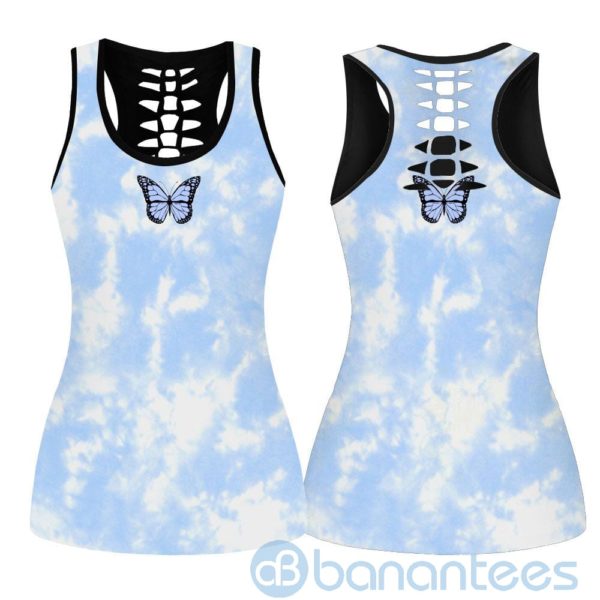 Butterfly Tie Dye Light Blue Hollow Tank And Legging Outfit Product Photo