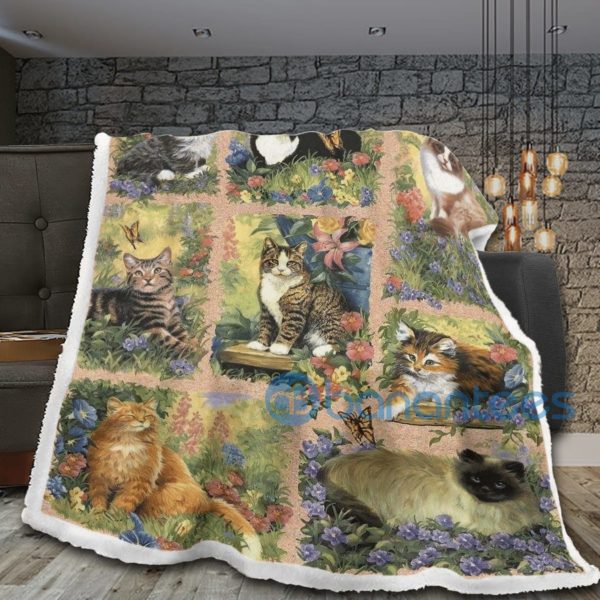 Cats And Flowers Paint Art Sherpa Blanket Product Photo