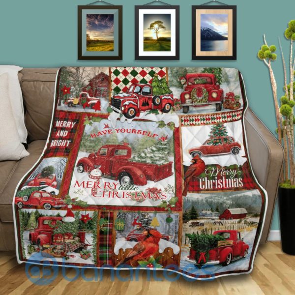 Christmas Mery And Bright Red Truck Quilt Blanket Product Photo