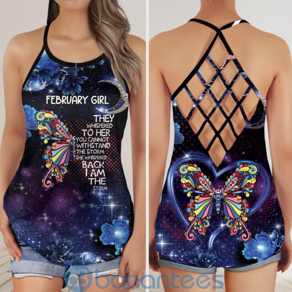 Custom Date February Butterfly Galaxy Floral Storm Whispered Criss Cross Tank Top Product Photo