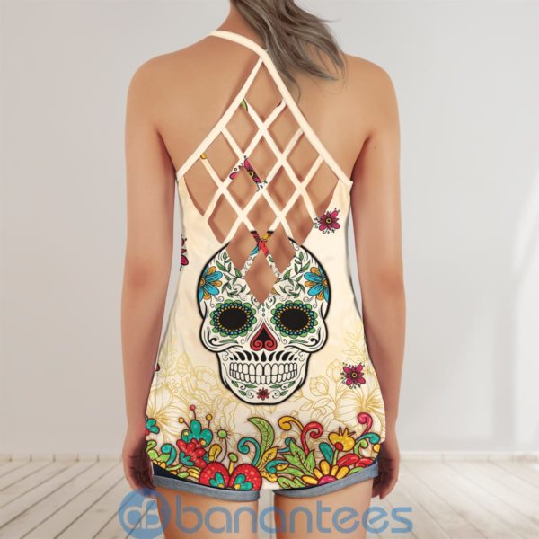 Custom Date July Girl Sugar Skull They Whispered to Her Flower Criss Cross Tank Top Product Photo