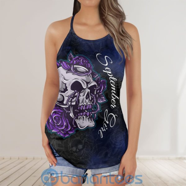 Custom Date September Girl Skul Purple Roses Criss Cross Tank Top Product Photo