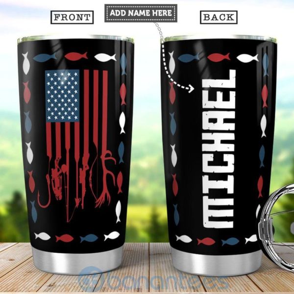 Custom Name Gift For Dad American Flag Hunting Fishing Tumbler Product Photo