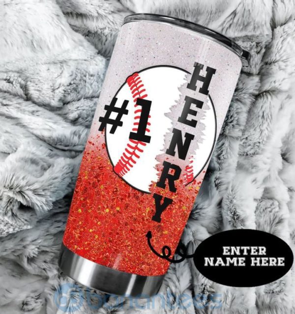 Custom Name Gift For Dad Glitter Number One Baseball Dad Tumbler Product Photo