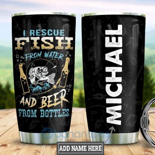 Custom Name Gift For Dad I Rescue Fish And Beer Tumbler Product Photo