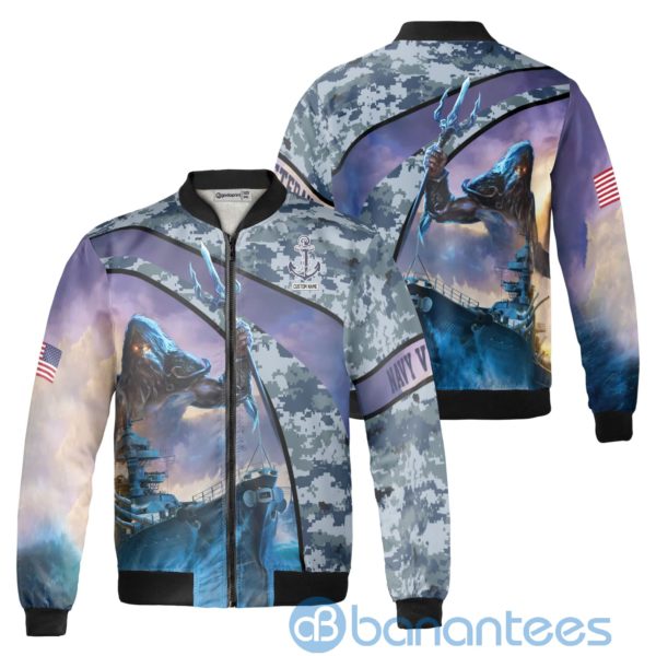 Custom Name Navy Veteran Fleece Bomber Jacket Product Photo