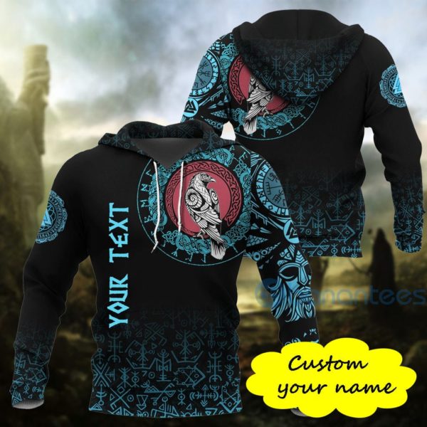 Custom Viking Raven Celtic Cyan Tattoo All Over Printed 3D Hoodie Product Photo