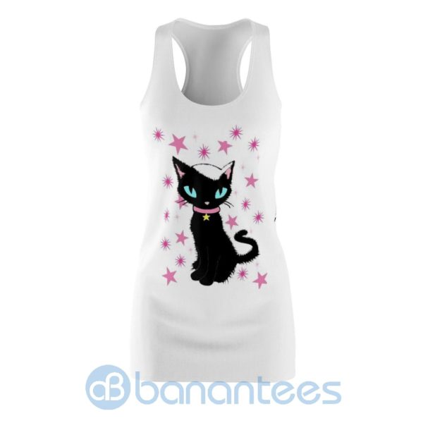 Cute Black Cat And Stars White Racerback Dress For Women Product Photo