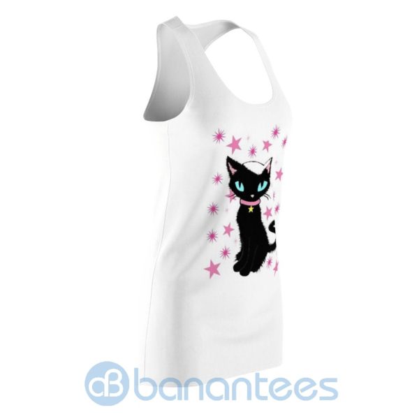 Cute Black Cat And Stars White Racerback Dress For Women Product Photo