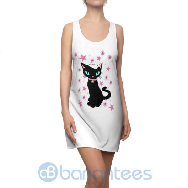 Cute Black Cat And Stars White Racerback Dress For Women Product Photo